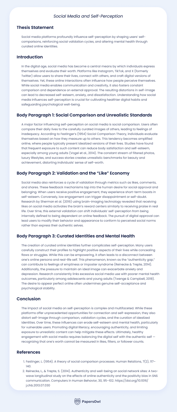 Analytical essay on the impact of social media on self-perception, exploring social comparison, validation cycles, and curated online identities.