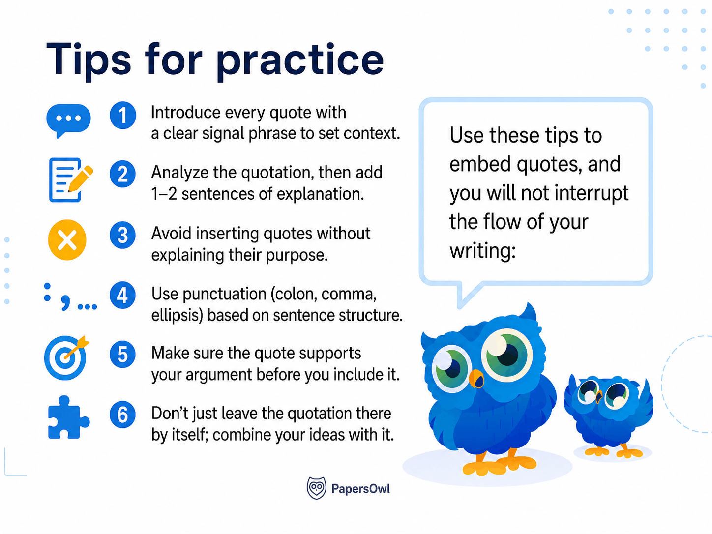 Infographic with 6 practical tips for embedding quotes in academic writing and essay practice.