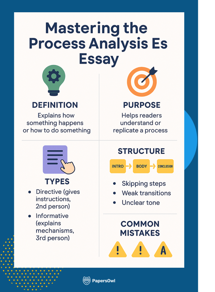 Learn how to master the process analysis essay with this informative guide on structure, types, purpose, and common mistakes to avoid.