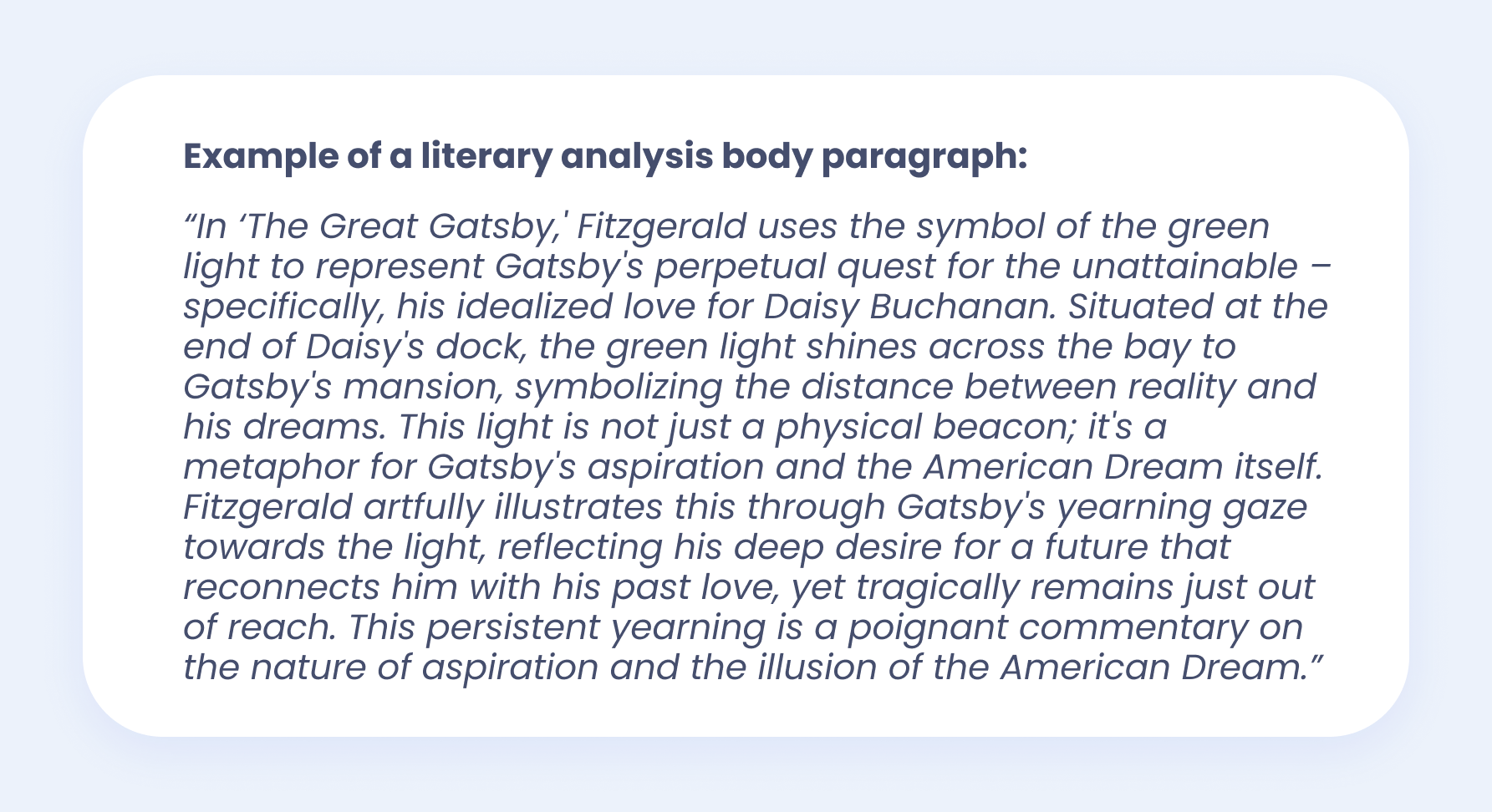 Example of a literary analysis body paragraph about the green light in The Great Gatsby
