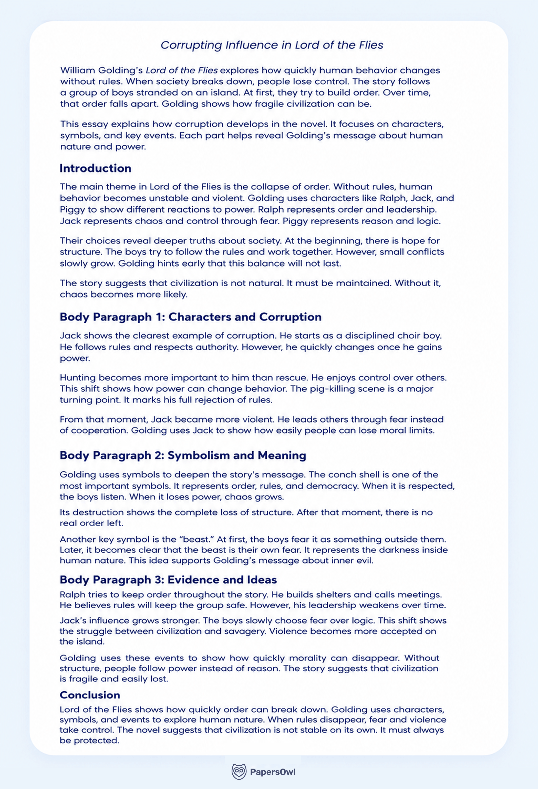 Full example of a literary analysis essay on corrupting influence in Lord of the Flies