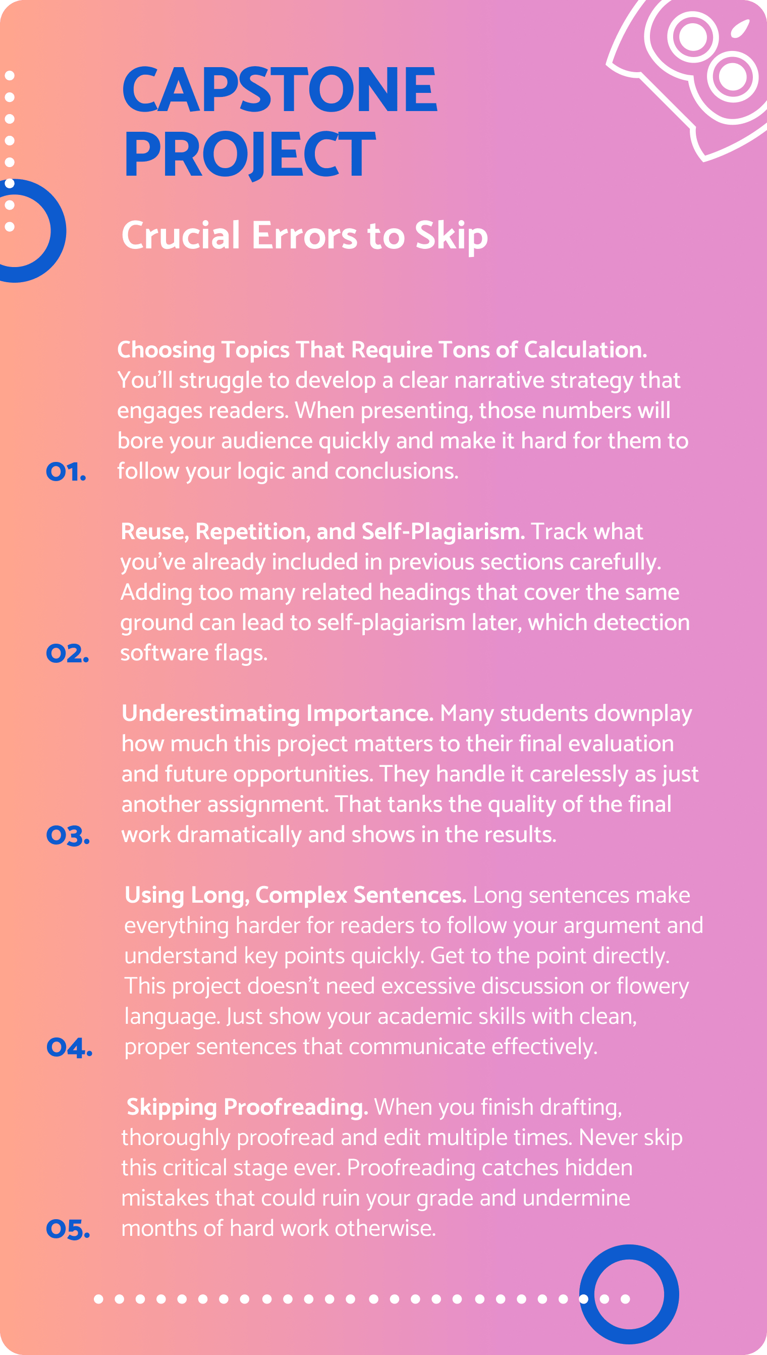 Infographic listing 5 common mistakes to avoid in a Capstone Project, including complex calculations, self-plagiarism, underestimating importance, long sentences, and skipping proofreading.