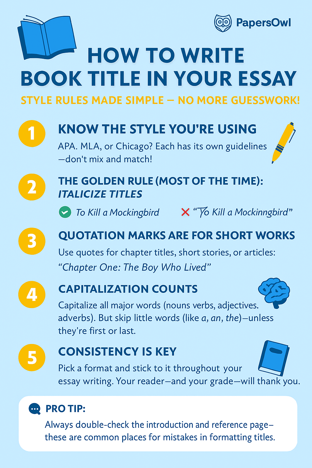 Infographic titled "How to Write a Book Title in Your Essay" by PapersOwl, outlining formatting rules for APA, MLA, and Chicago styles, including italics, quotation marks, capitalization, and consistency tips.