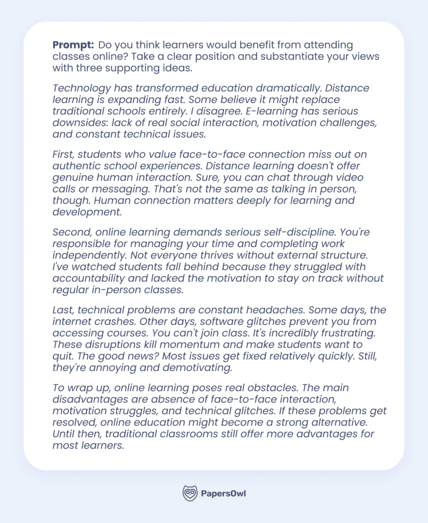 Diagnostic essay example about the downsides of online learning vs traditional schools.