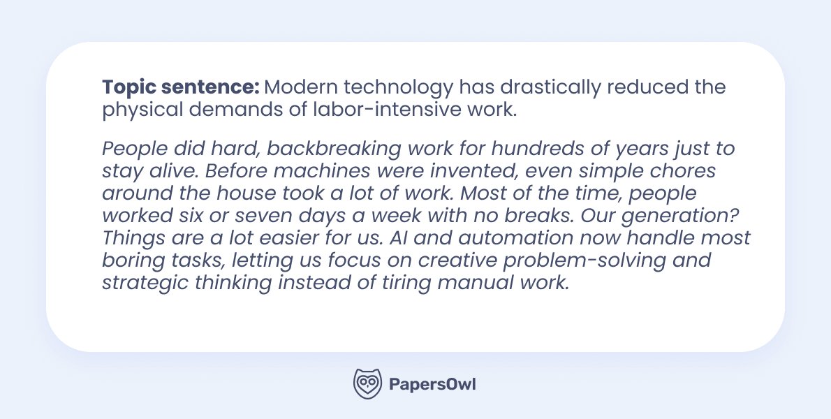 Topic sentence example about how modern technology and automation reduce physical labor demands in the workplace.
