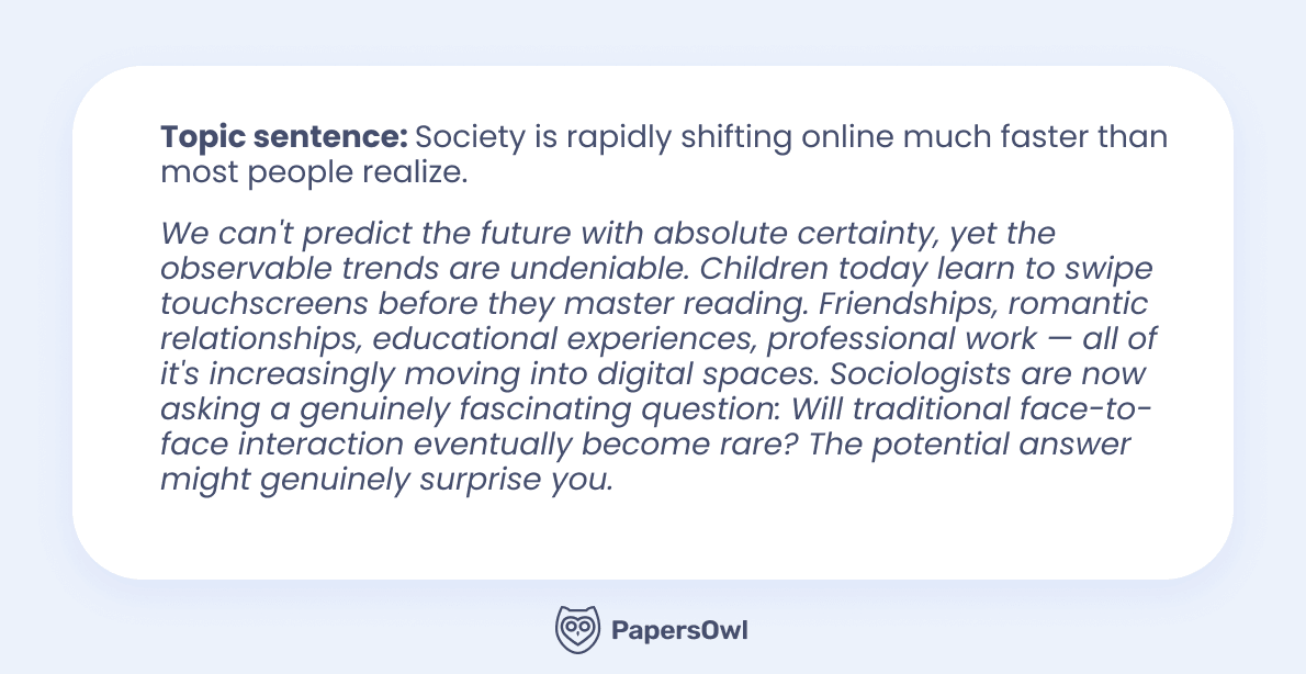Example of a topic sentence and supporting details about the rapid digital transformation of social interactions and relationships.