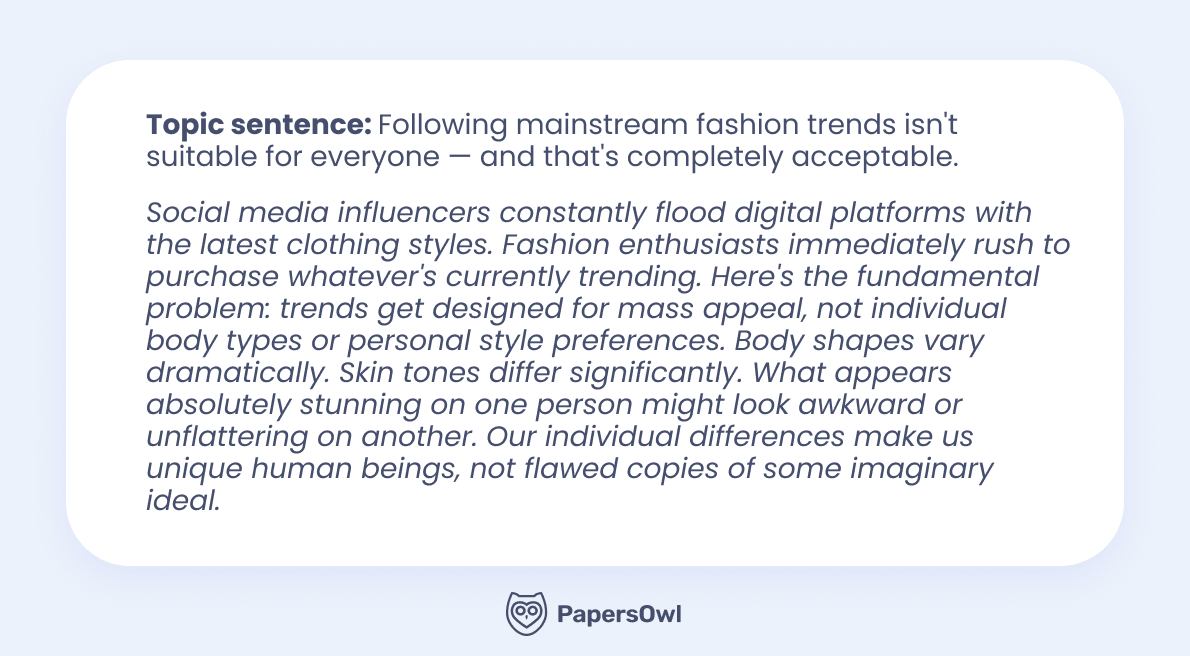 Writing sample showing a topic sentence about mainstream fashion trends and individual body types.