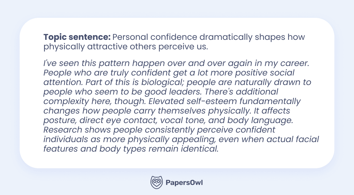 Educational infographic with a topic sentence explaining the link between personal confidence and physical attractiveness.