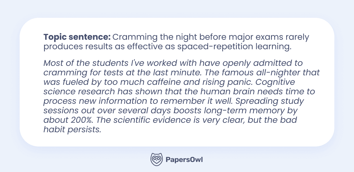 Study tips example paragraph comparing cramming versus spaced-repetition learning with a clear topic sentence.