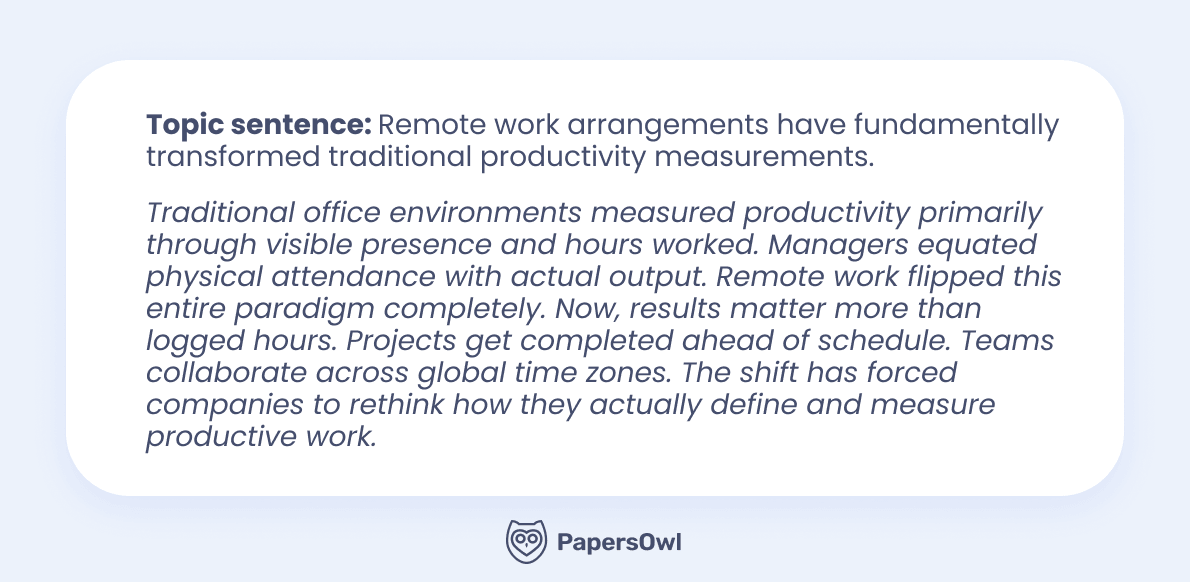 Topic sentence and paragraph illustrating how remote work has transformed traditional productivity measurements and office culture.