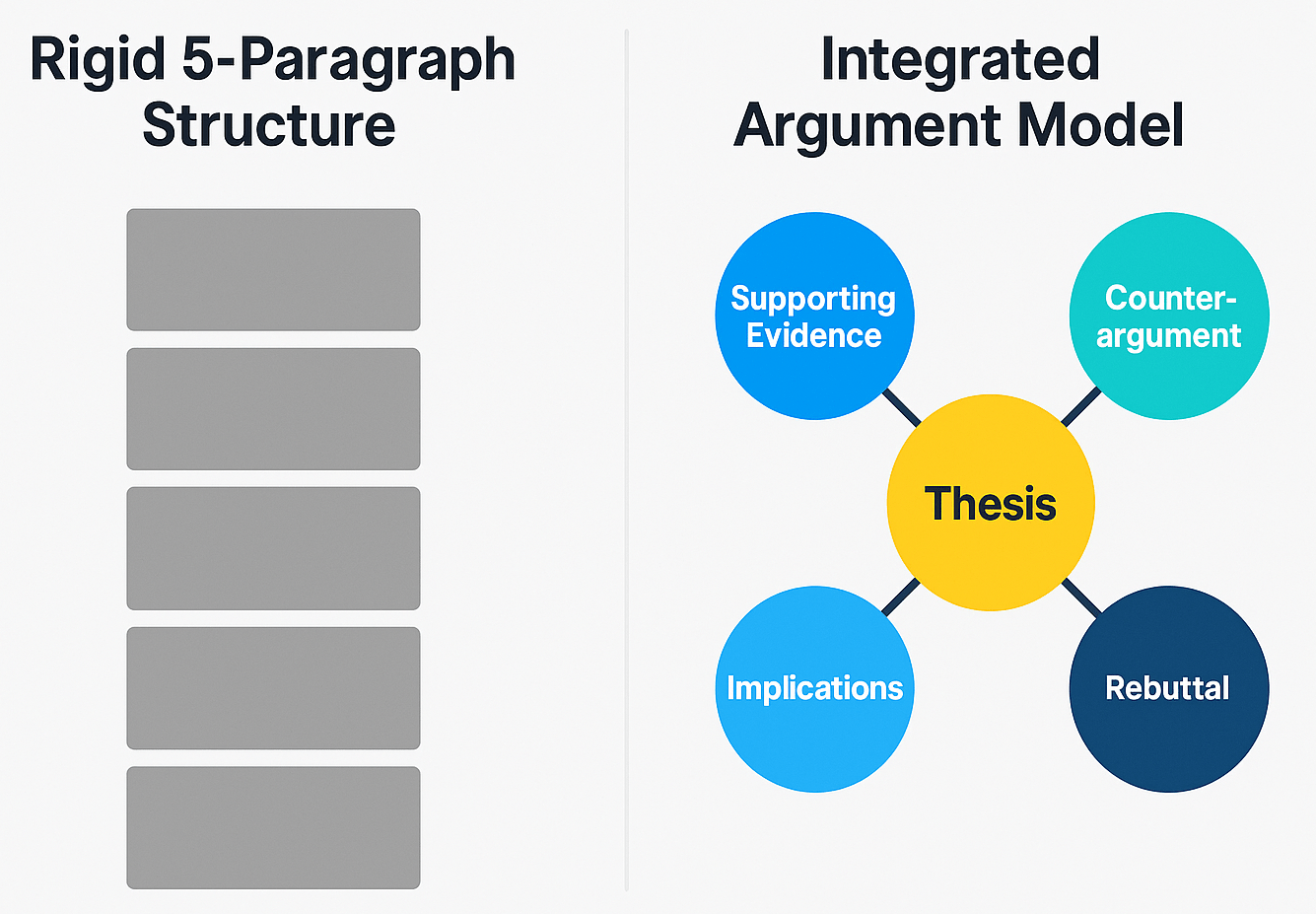 Infographic comparing a rigid 5-block essay structure to the dynamic, interconnected 'Integrated Argument Model.'