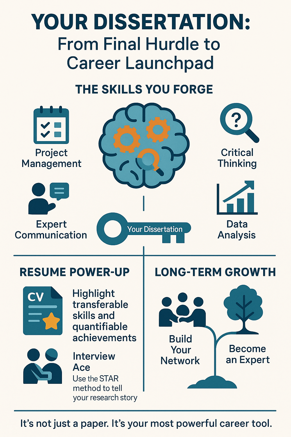 Infographic showcasing the career value of a dissertation, with sections on key skills (project management, critical thinking, expert communication, data analysis), resume enhancement, and long-term professional growth