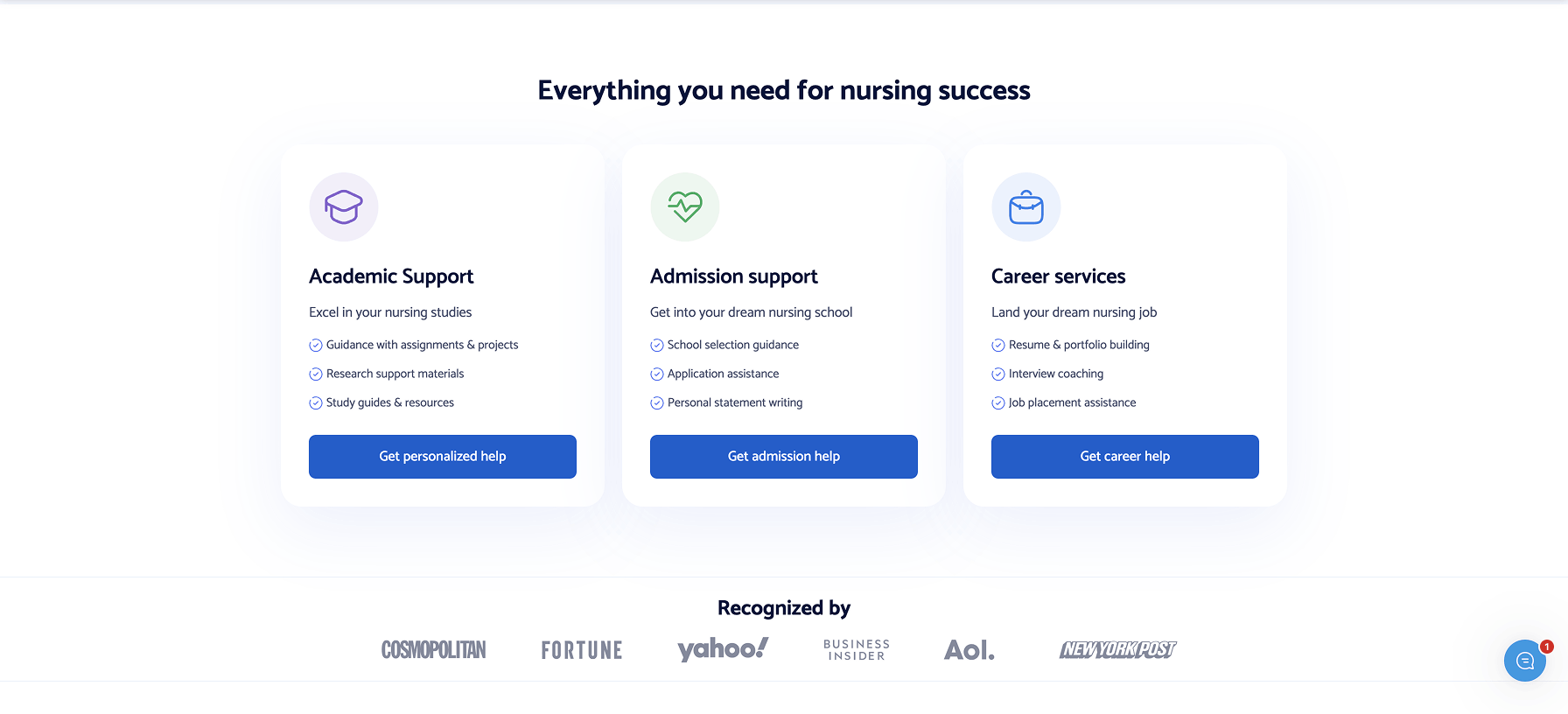 PapersOwl Nursing Hub service cards offering academic support, admission assistance, and career services for nursing students.