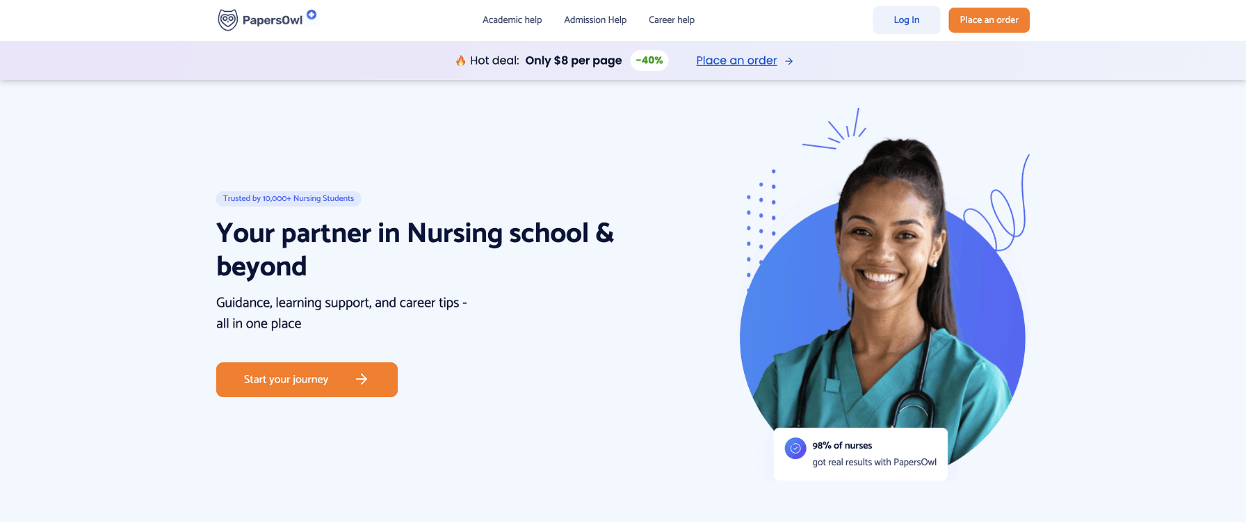 A smiling female nurse in green scrubs representing PapersOwl nursing school guidance and learning support.