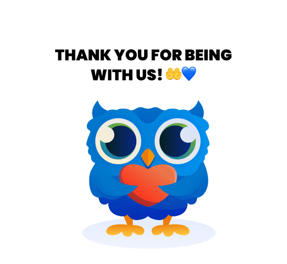 Cute blue owl mascot holding a red heart with the text "Thank you for being with us" on a white background.
