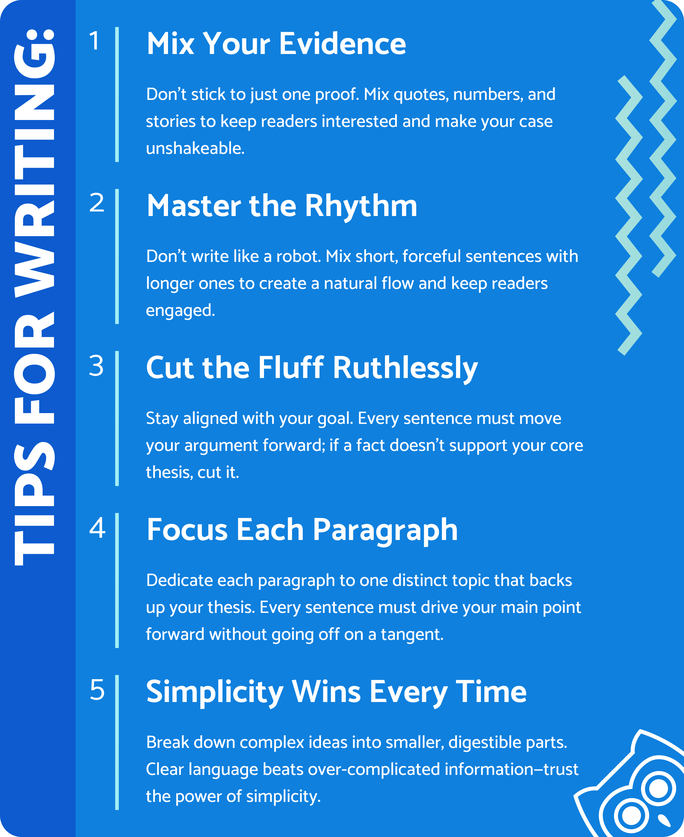 Infographic listing 5 professional tips for writing essay body paragraphs, including mixing evidence, sentence rhythm, and cutting irrelevant info.