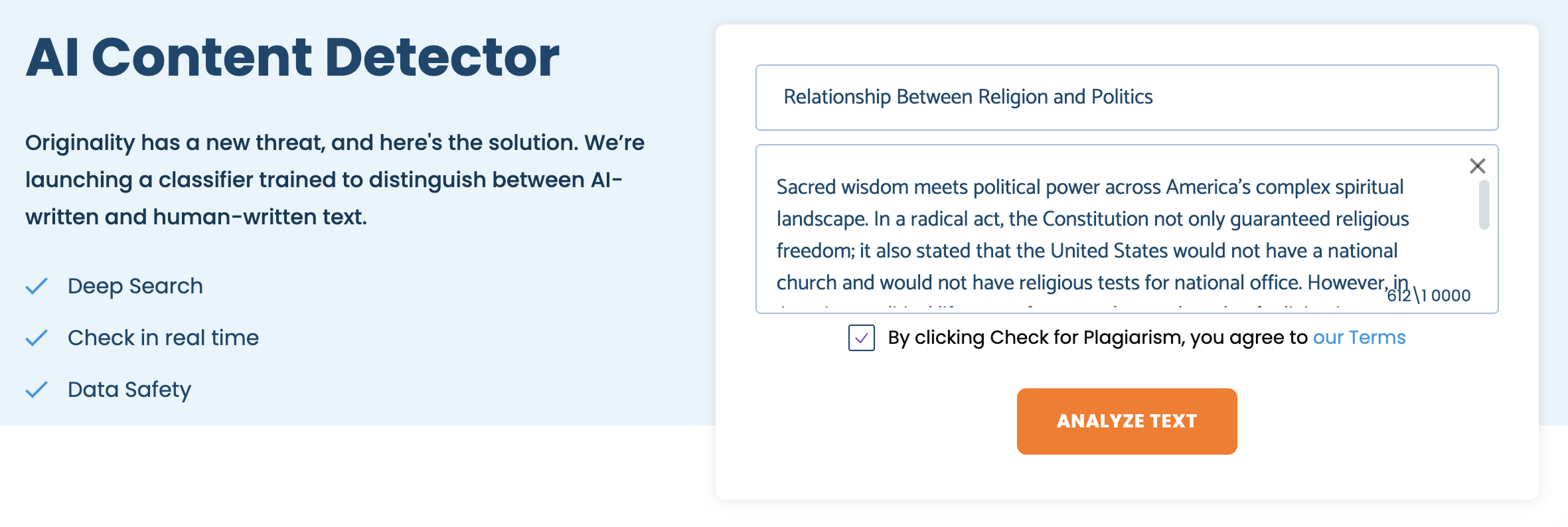 PapersOwl AI Content Detector interface with Deep Search and real-time text analysis features