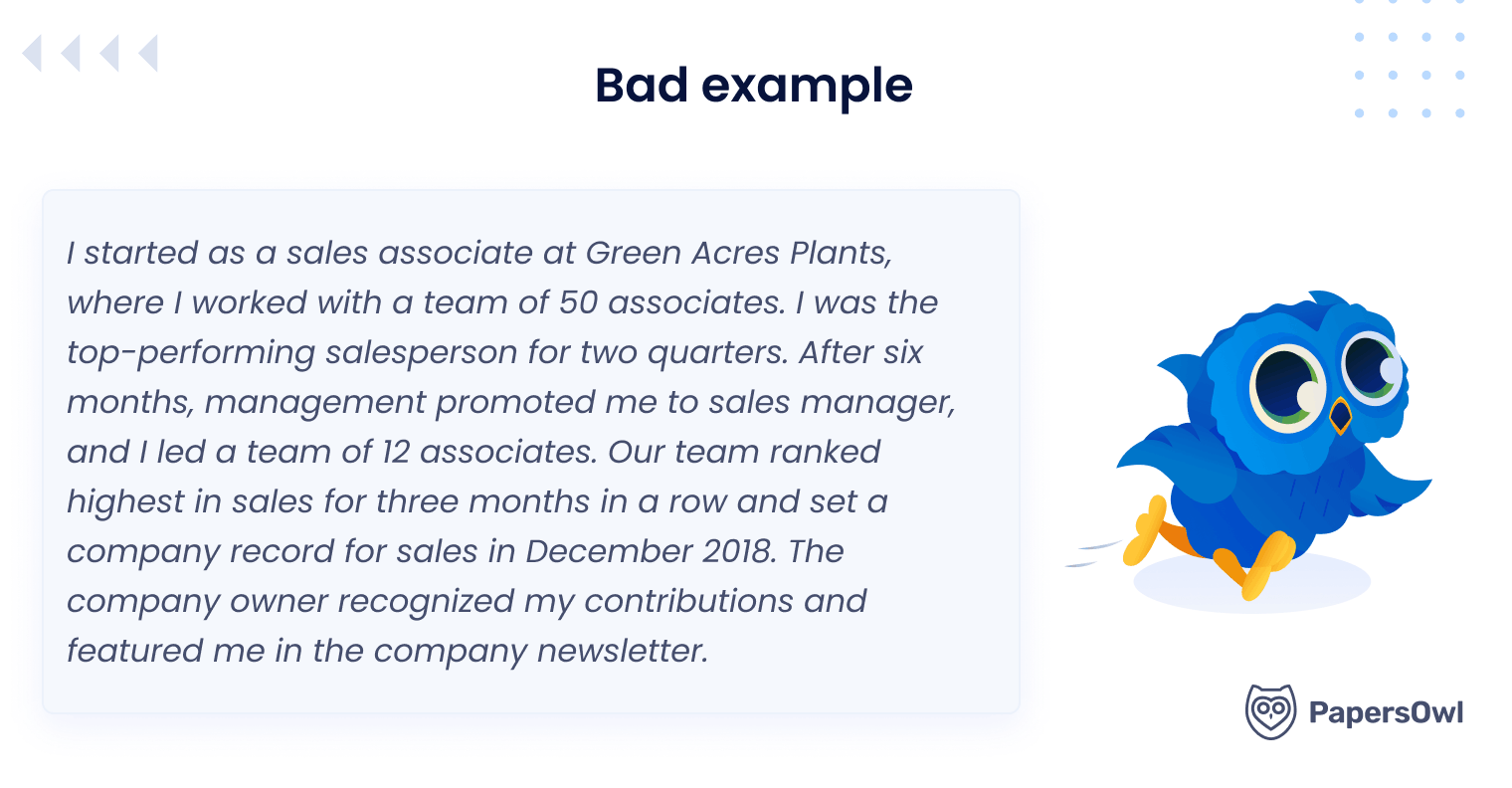 Bad resume example showing a long wordy paragraph about sales experience for a Sales Manager position at Green Acres Plants.
