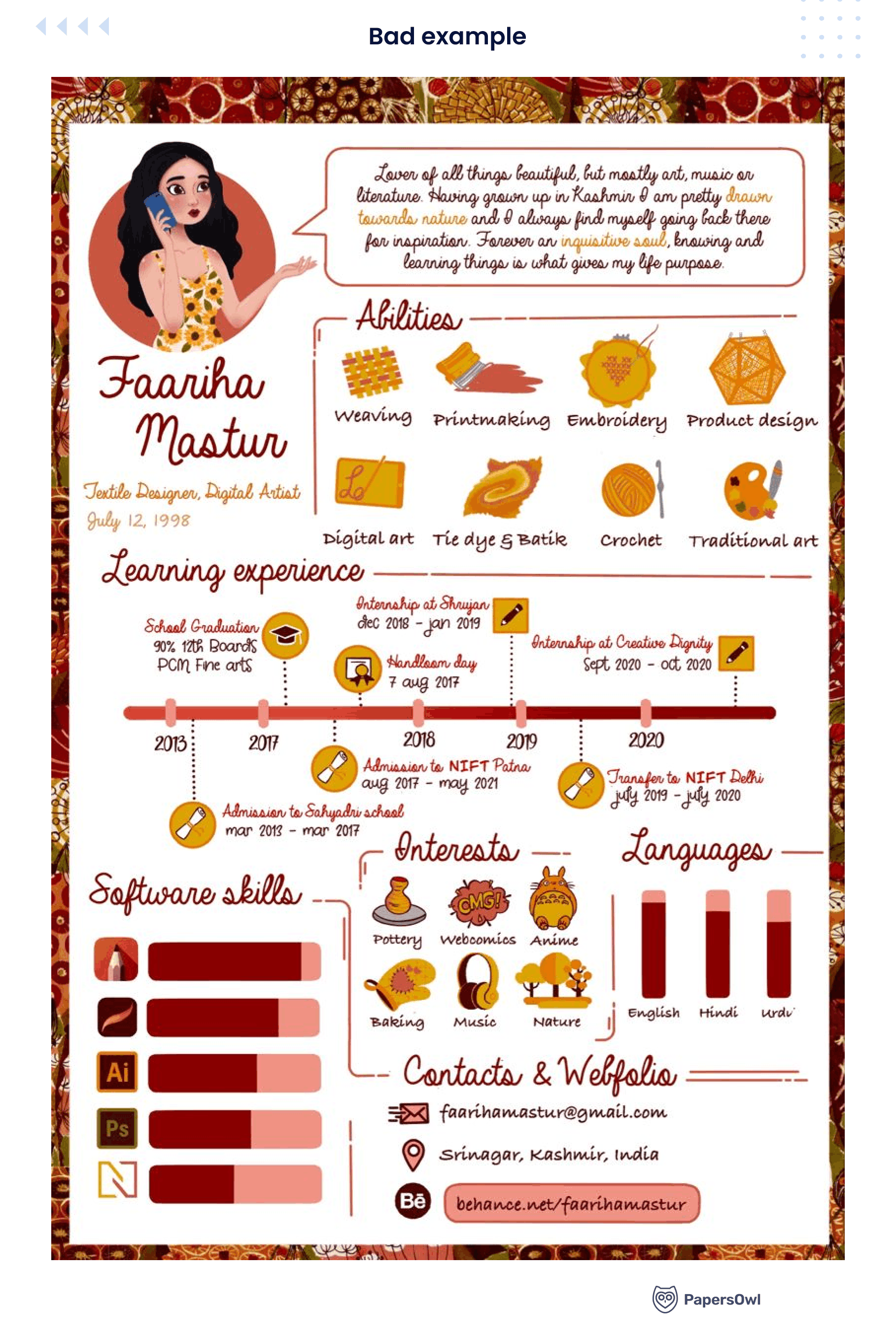 Example of a bad resume with over-the-top decorative design, unreadable cursive fonts, and distracting illustrations that are not ATS-friendly.