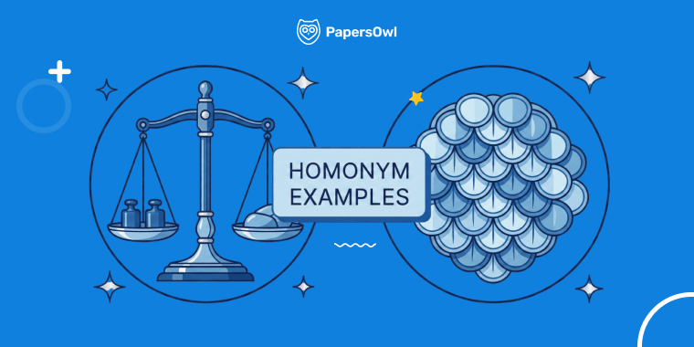 A blue-themed educational illustration showing examples of English homonyms for the word 'scale', featuring a weighing balance on the left and fish scales on the right.