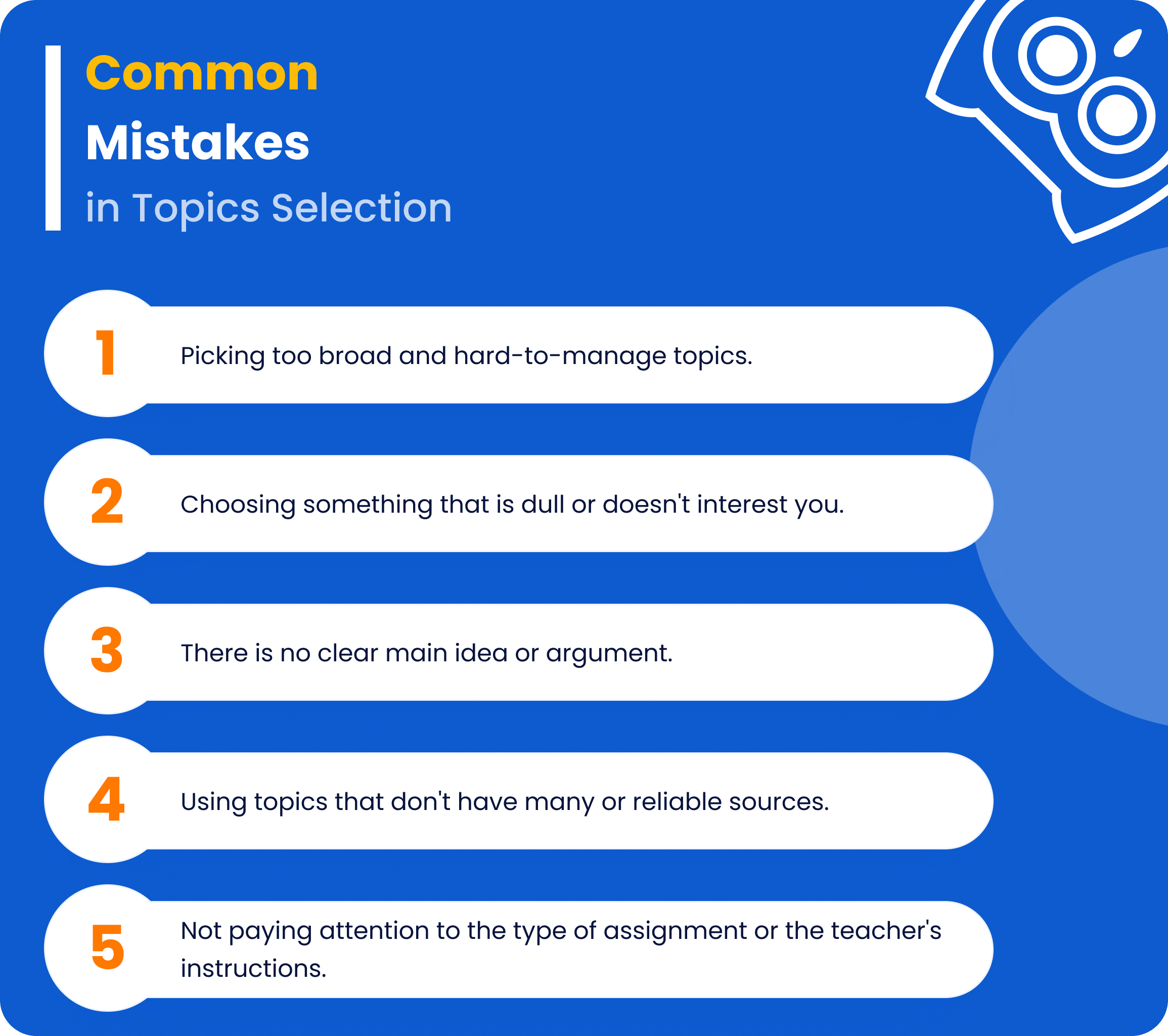 An infographic listing five common mistakes in selecting a research topic, including picking too broad subjects, lack of interest, and ignoring assignment instructions.