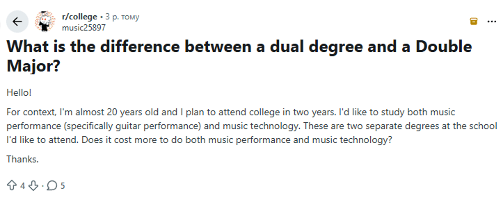 Screenshot of a Reddit post in r/college asking about the difference between a dual degree and a double major for music students.