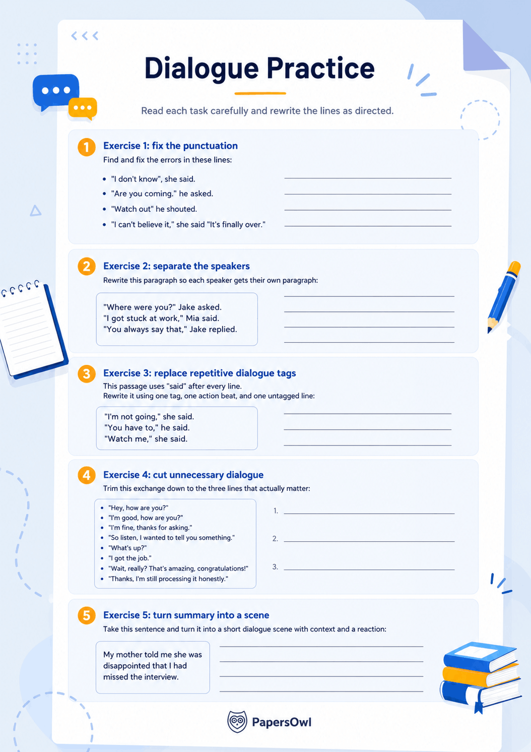 Dialogue practice worksheet with 5 exercises on punctuation, dialogue tags, and scene writing for essays.
