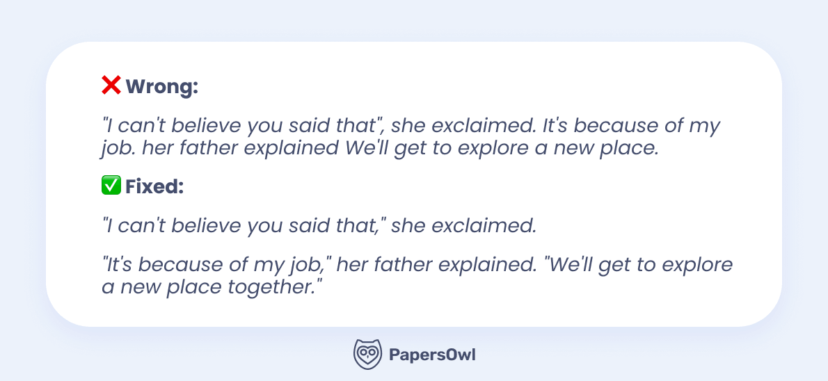 Example showing incorrect vs correctly fixed punctuation and paragraphing for dialogue in an essay.