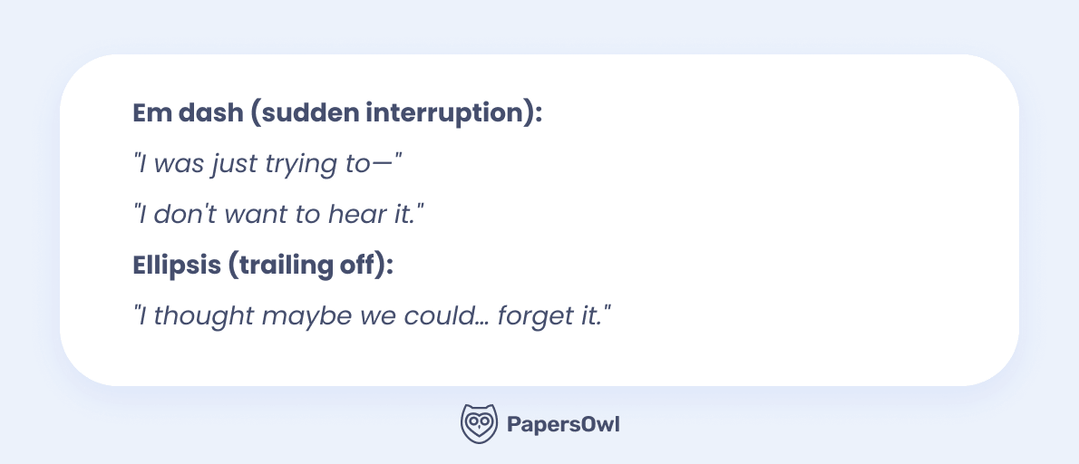Example demonstrating the use of em dashes for interruptions and ellipses for trailing off in dialogue.
