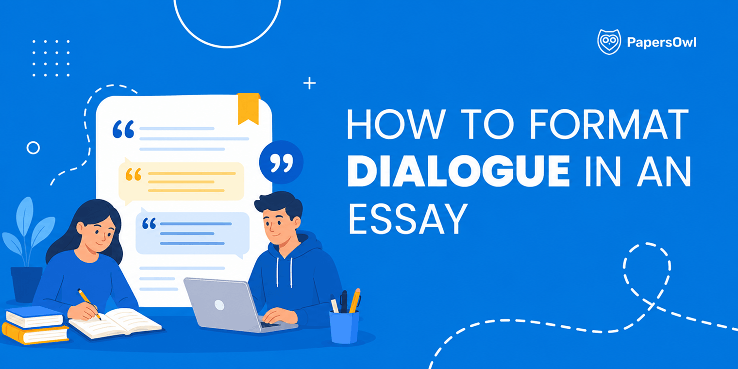 Illustration of students writing an essay next to a document with text bubbles titled How to Format Dialogue in an Essay.