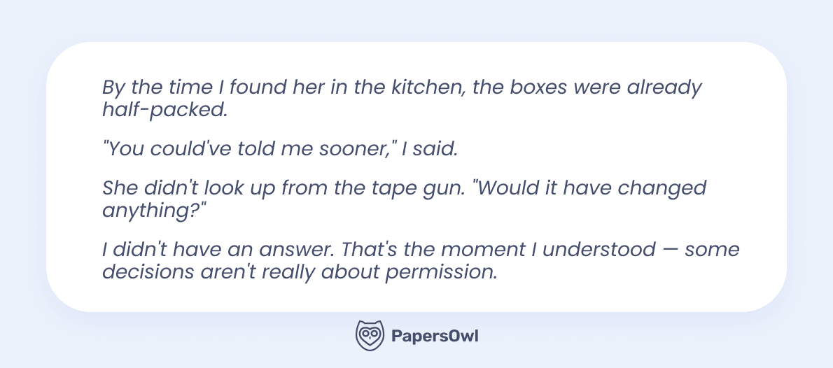 Text excerpt showing proper dialogue integration within a narrative essay paragraph.
