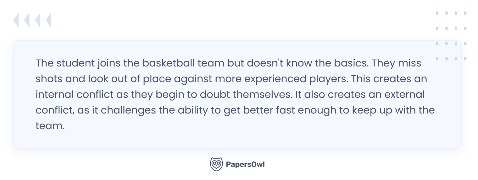 Text block showing an example of internal and external conflict in narrative writing about a student athlete.
