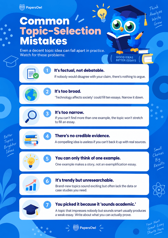 Infographic listing 7 common essay topic selection mistakes by PapersOwl
