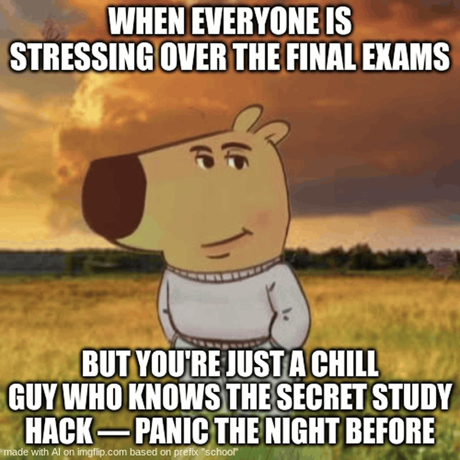 Chill guy meme about panicking the night before finals