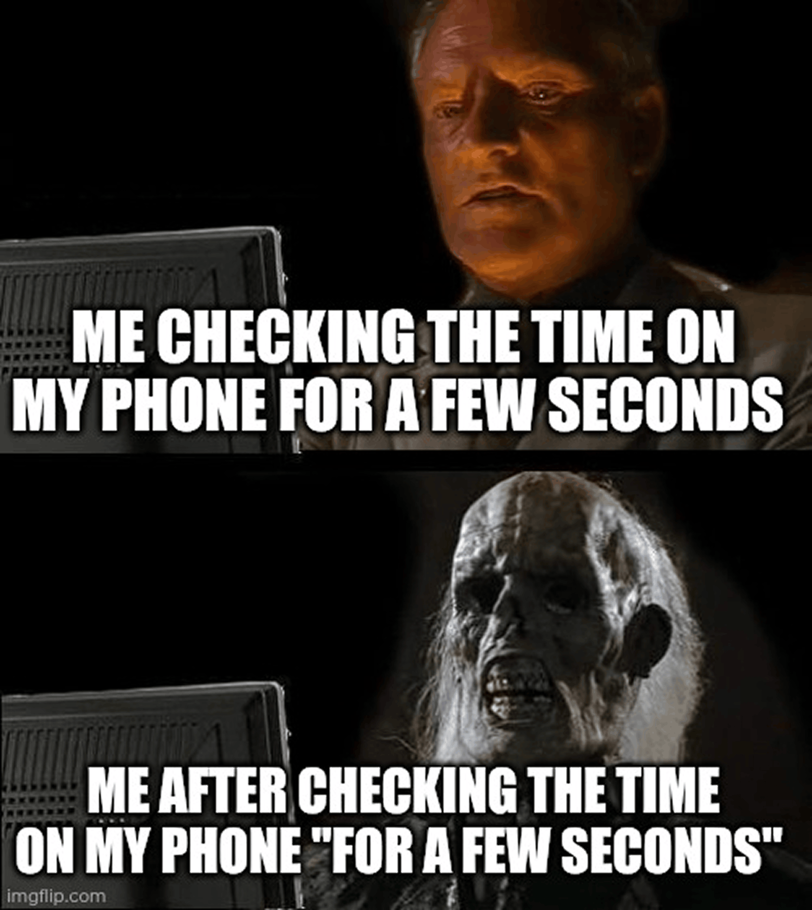 I’ll Just Wait Here skeleton meme about checking your phone for a few seconds