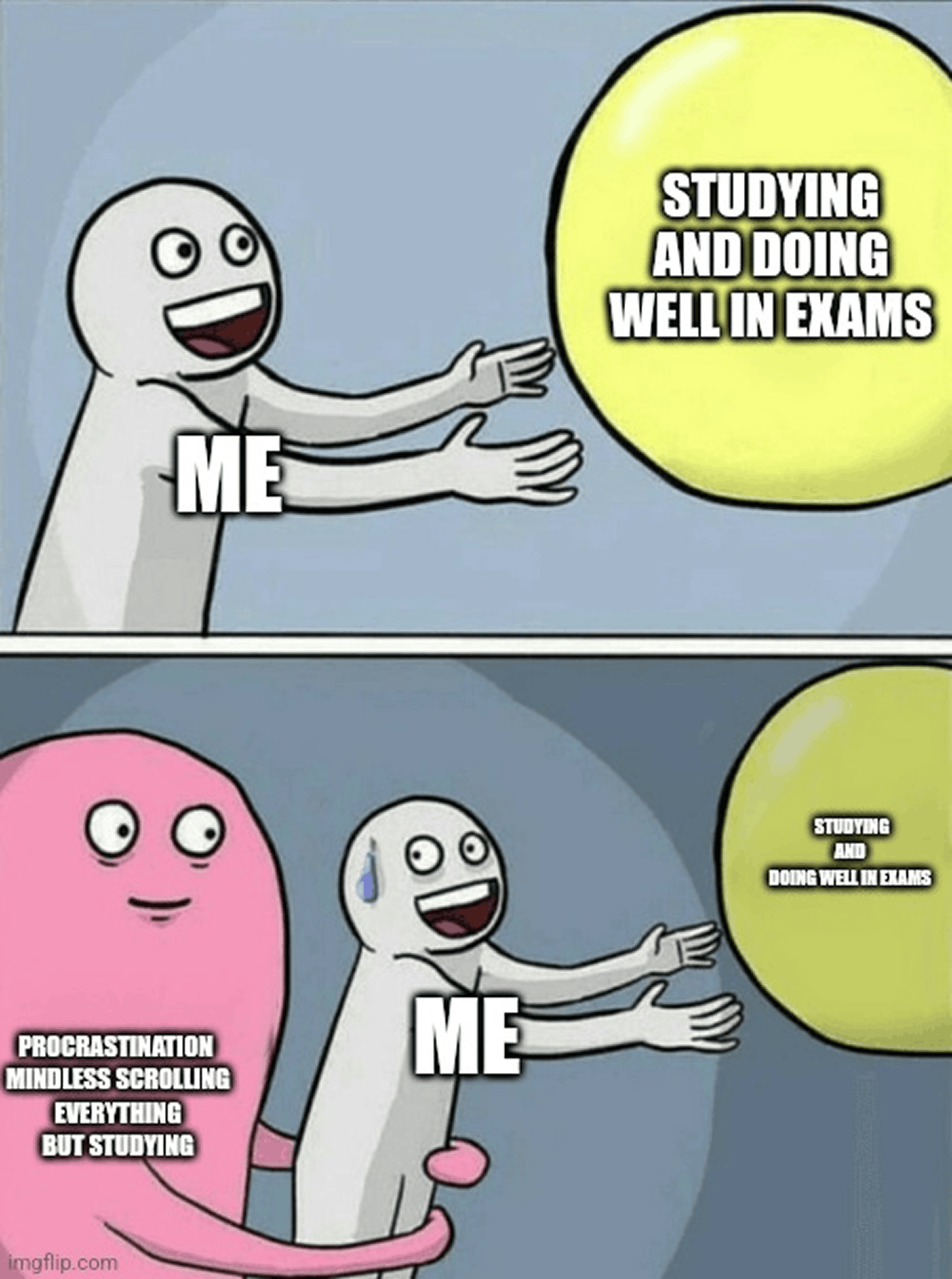 Running Away Balloon meme about procrastination and mindless scrolling pulling a student away from studying