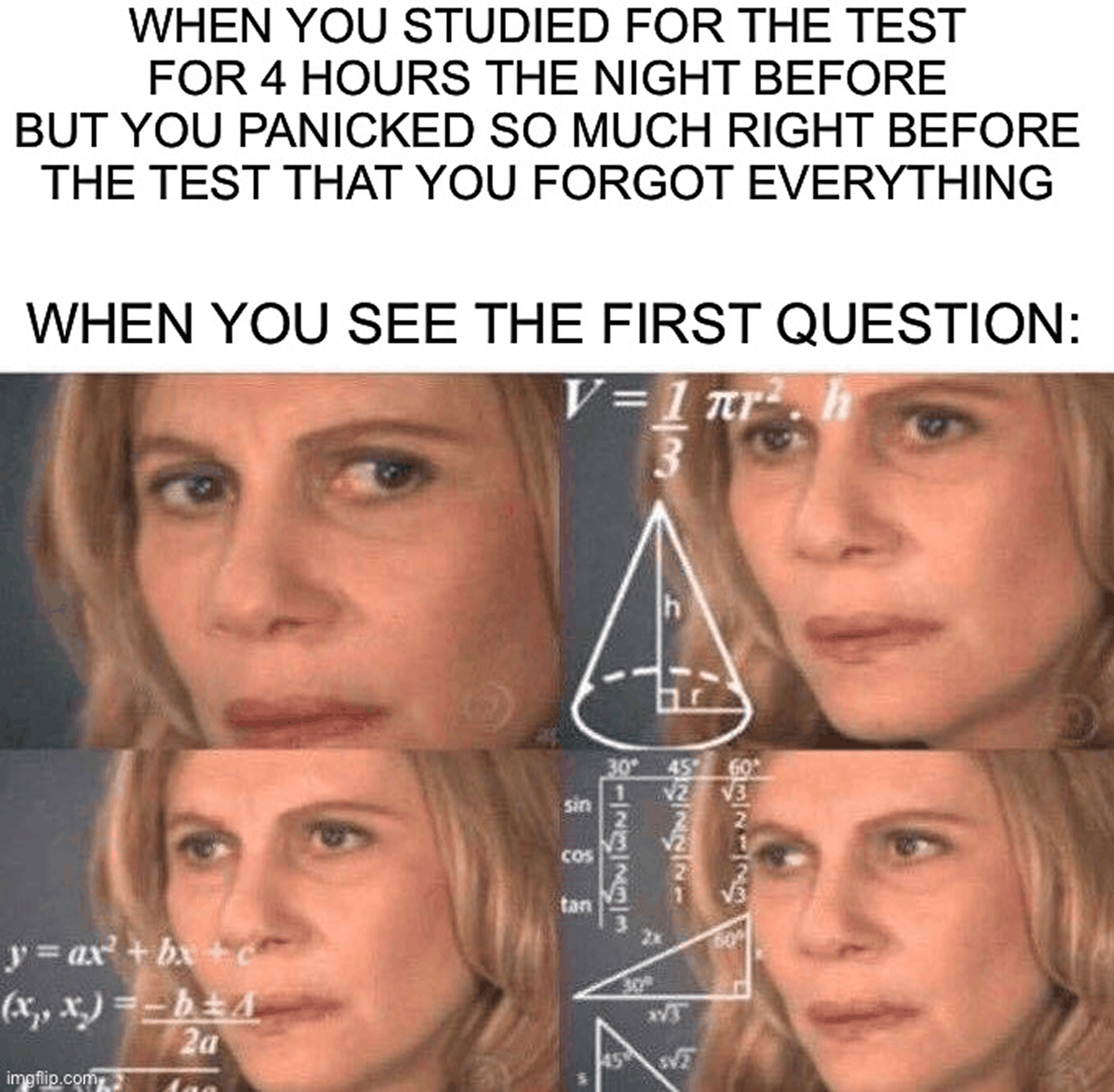 Confused math lady meme about panic erasing everything studied the night before