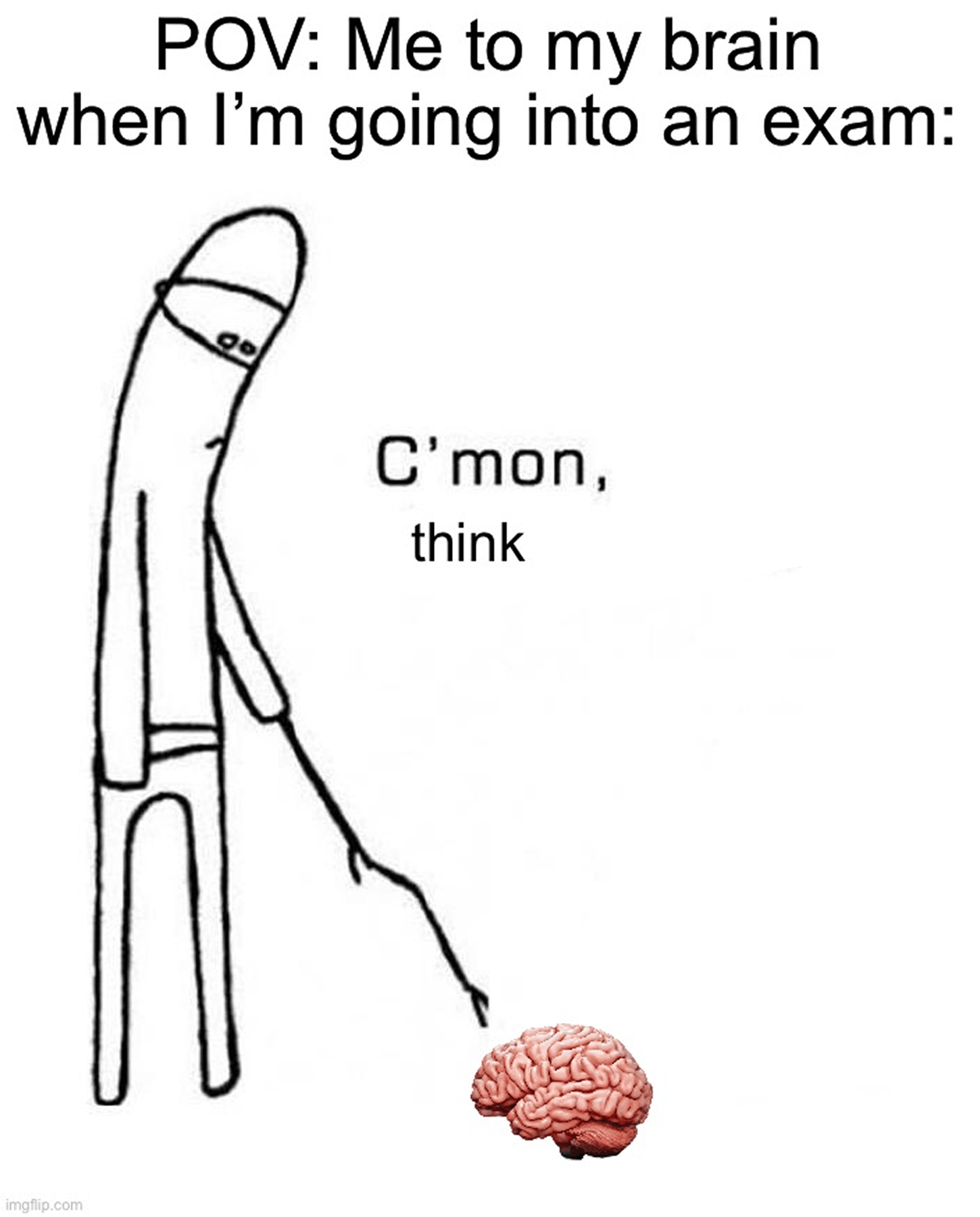 Meme of a student begging their brain to think while walking into an exam