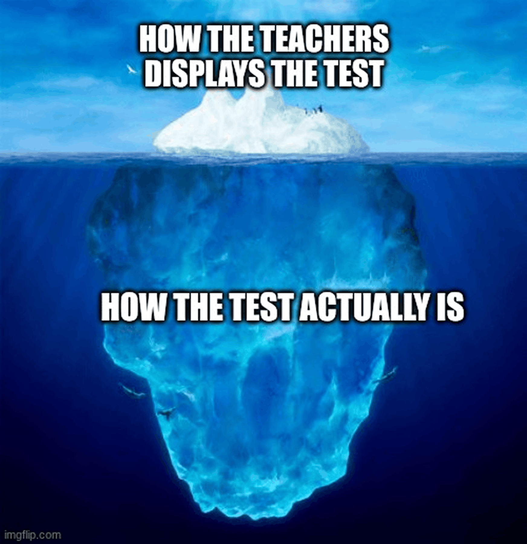 Iceberg meme comparing how teachers describe the test with how hard it really is