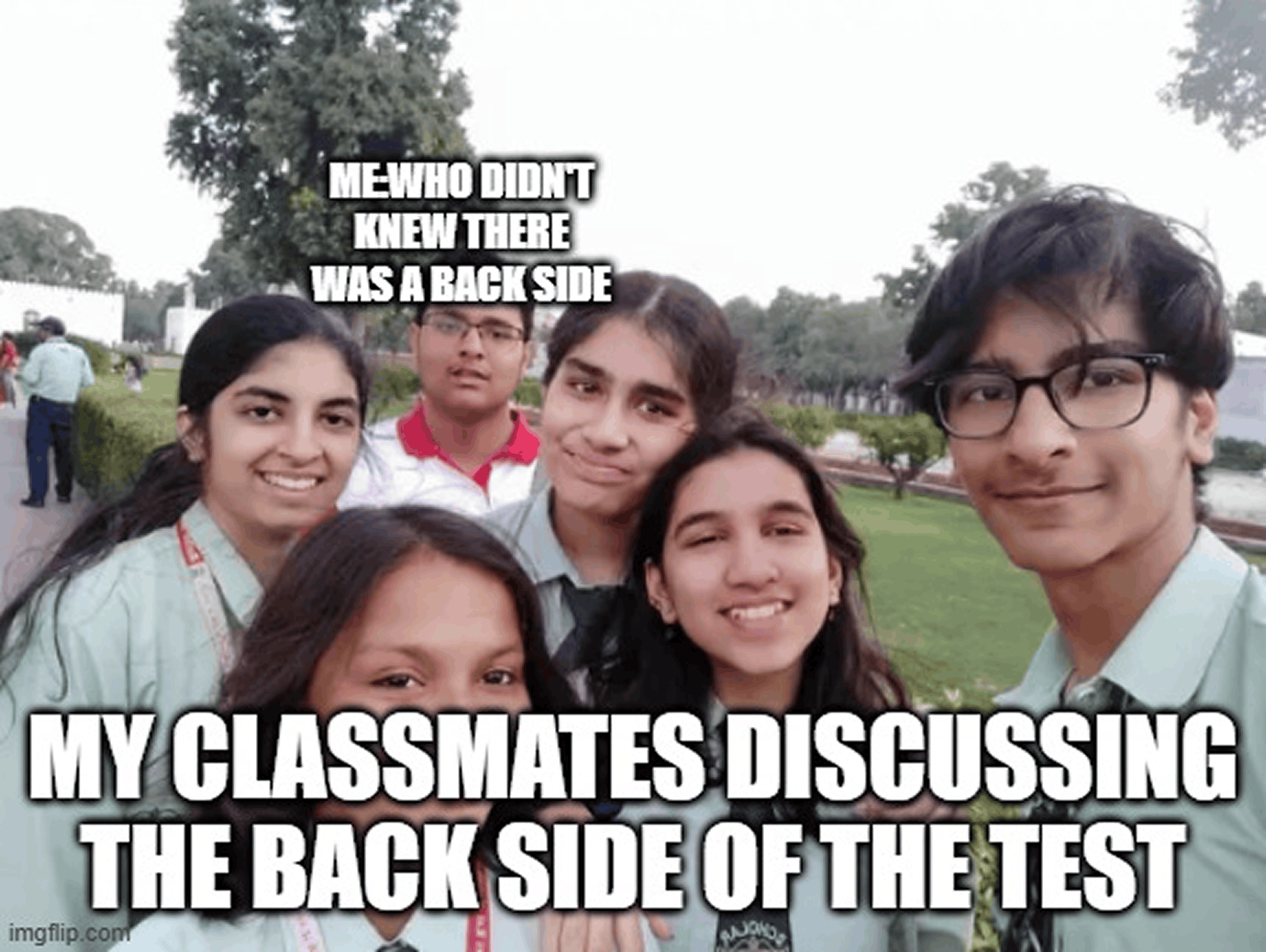 Meme of a student overhearing classmates discuss the back side of the test