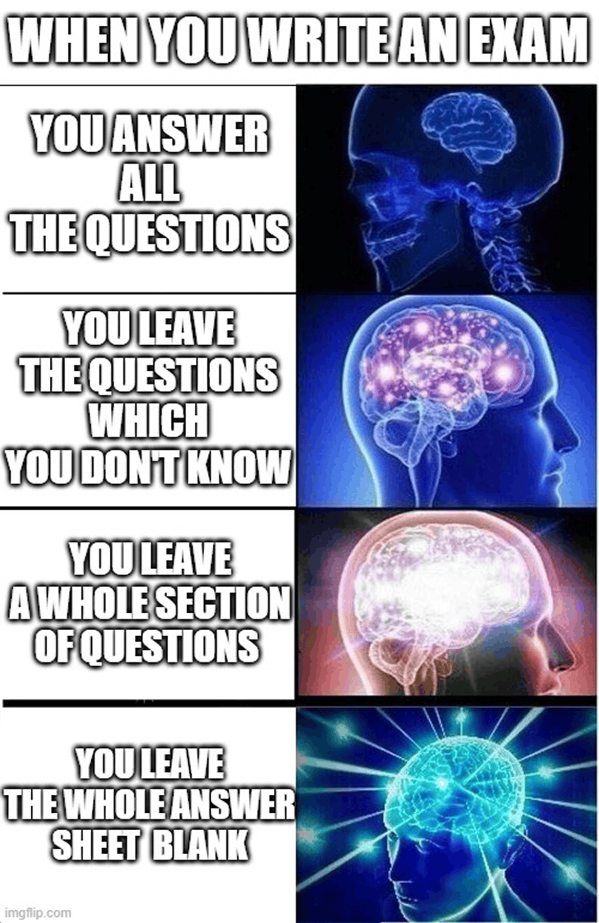 Expanding brain meme about skipping questions until the whole answer sheet is blank