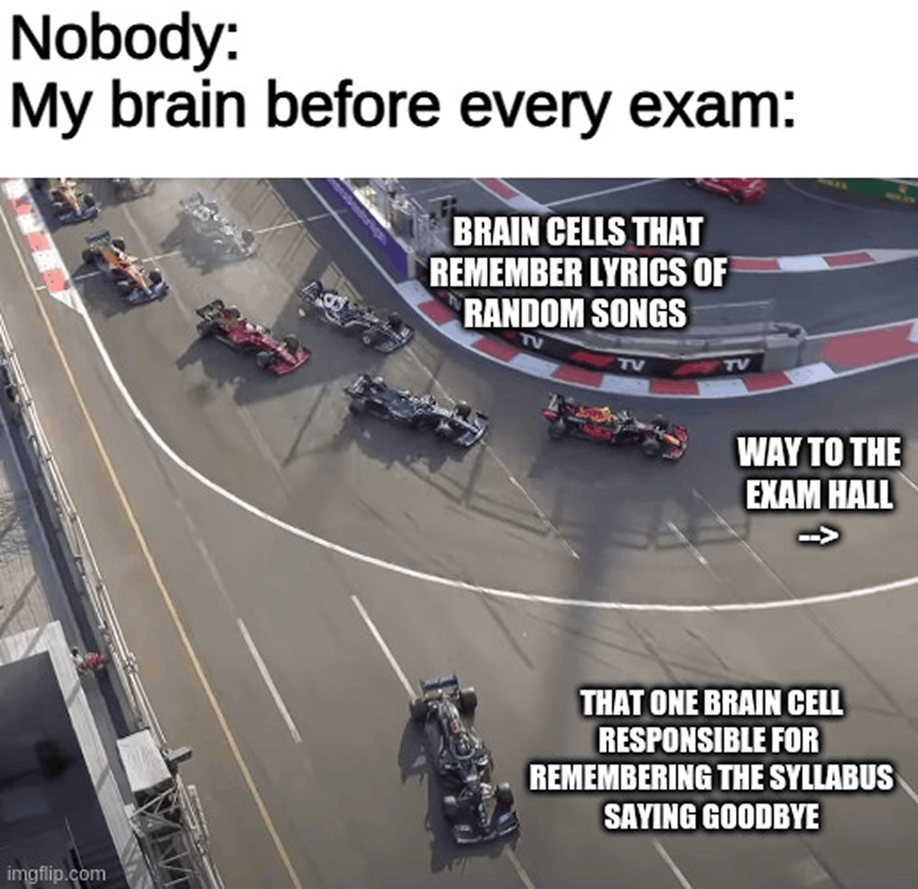 Meme about brain cells remembering song lyrics while the syllabus brain cell leaves before an exam