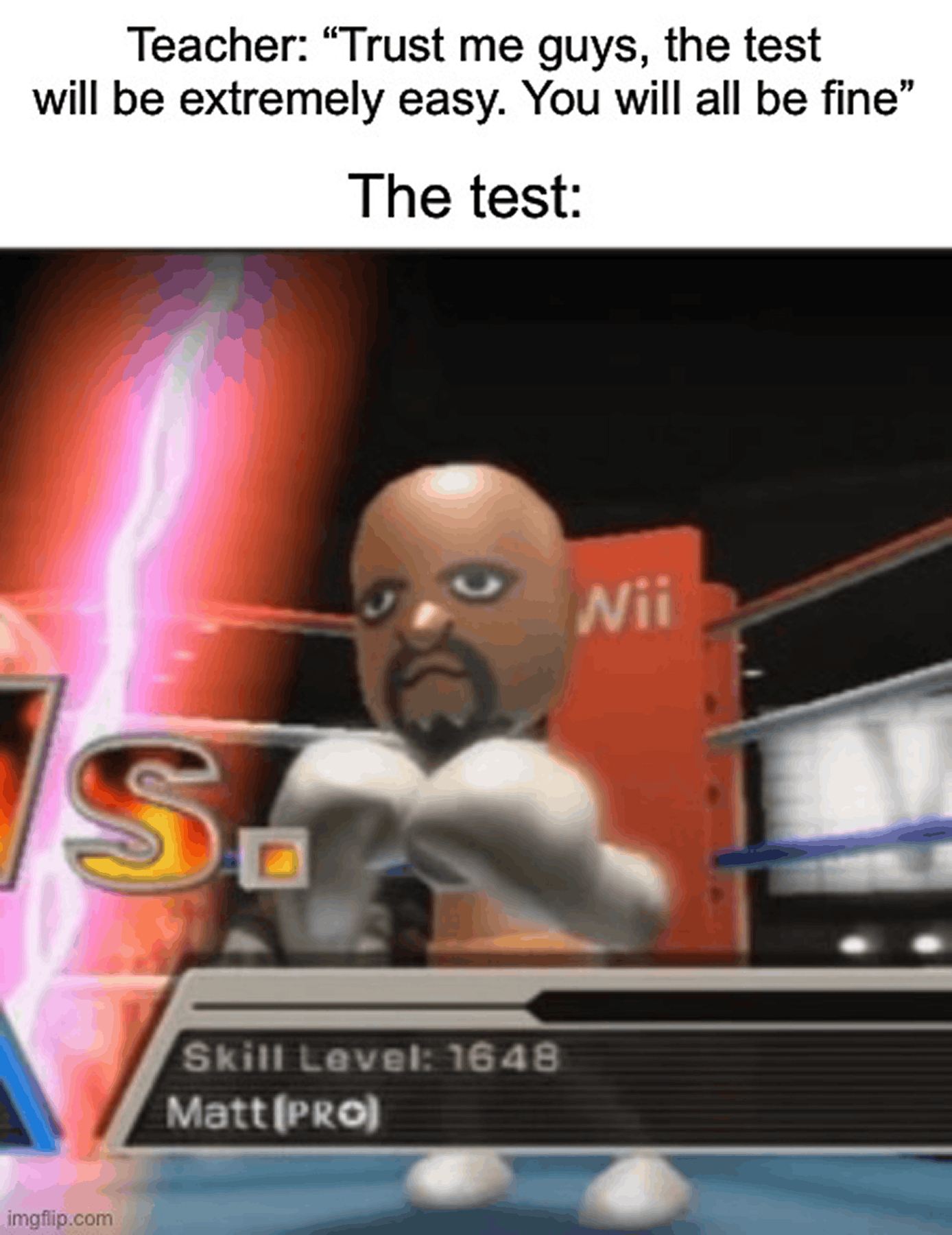 Meme about a teacher promising an easy test before a very hard one