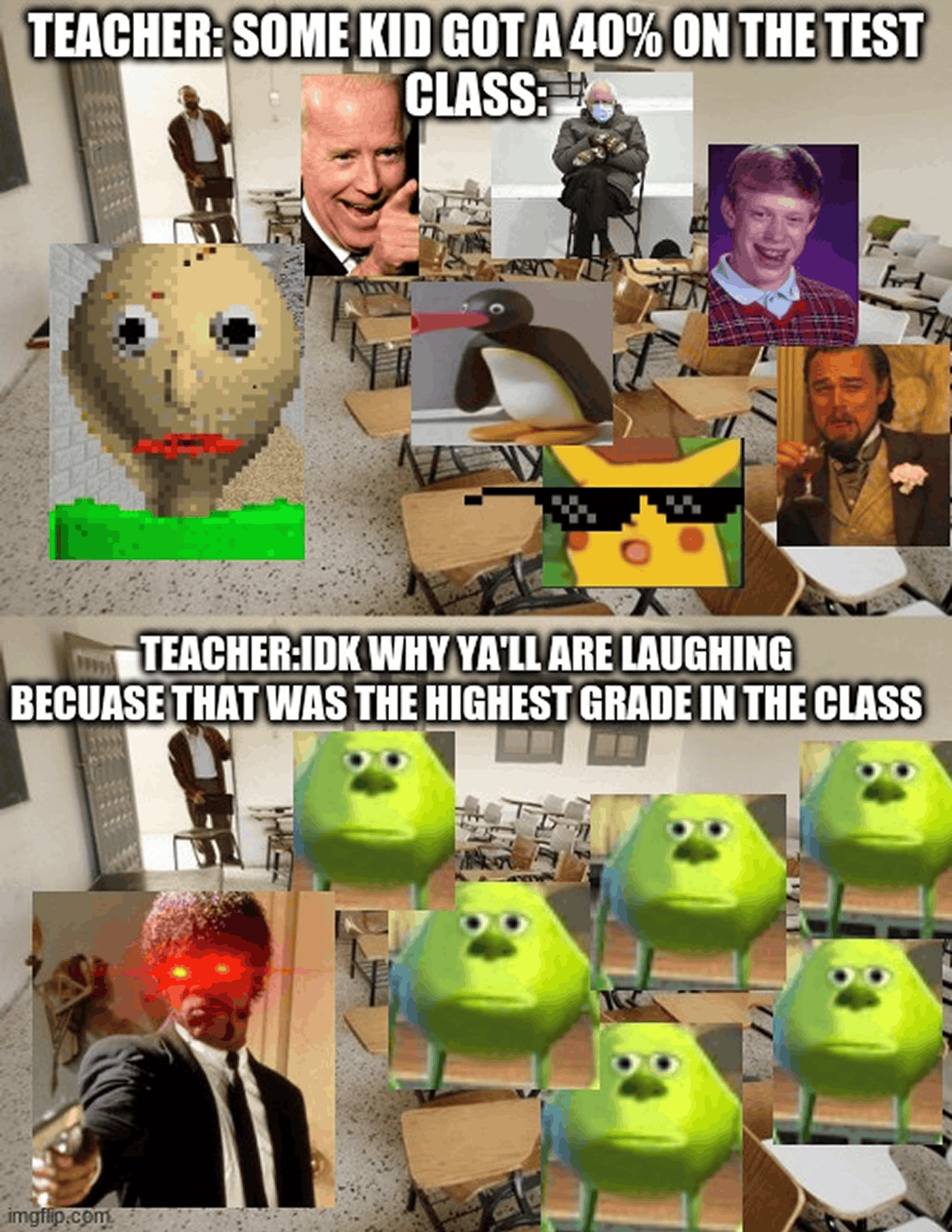 Empty classroom meme where a 40% score turns out to be the highest grade