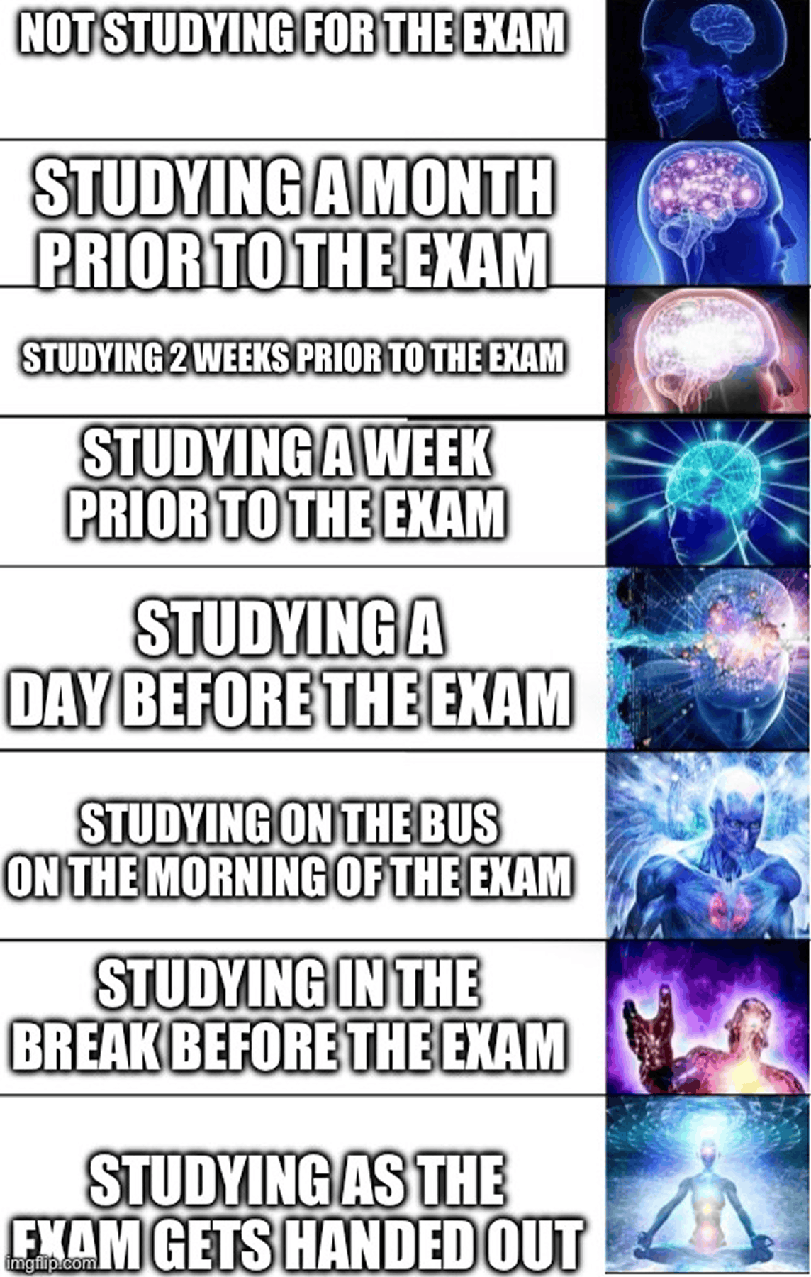 Eight-panel expanding brain meme about studying closer and closer to the exam