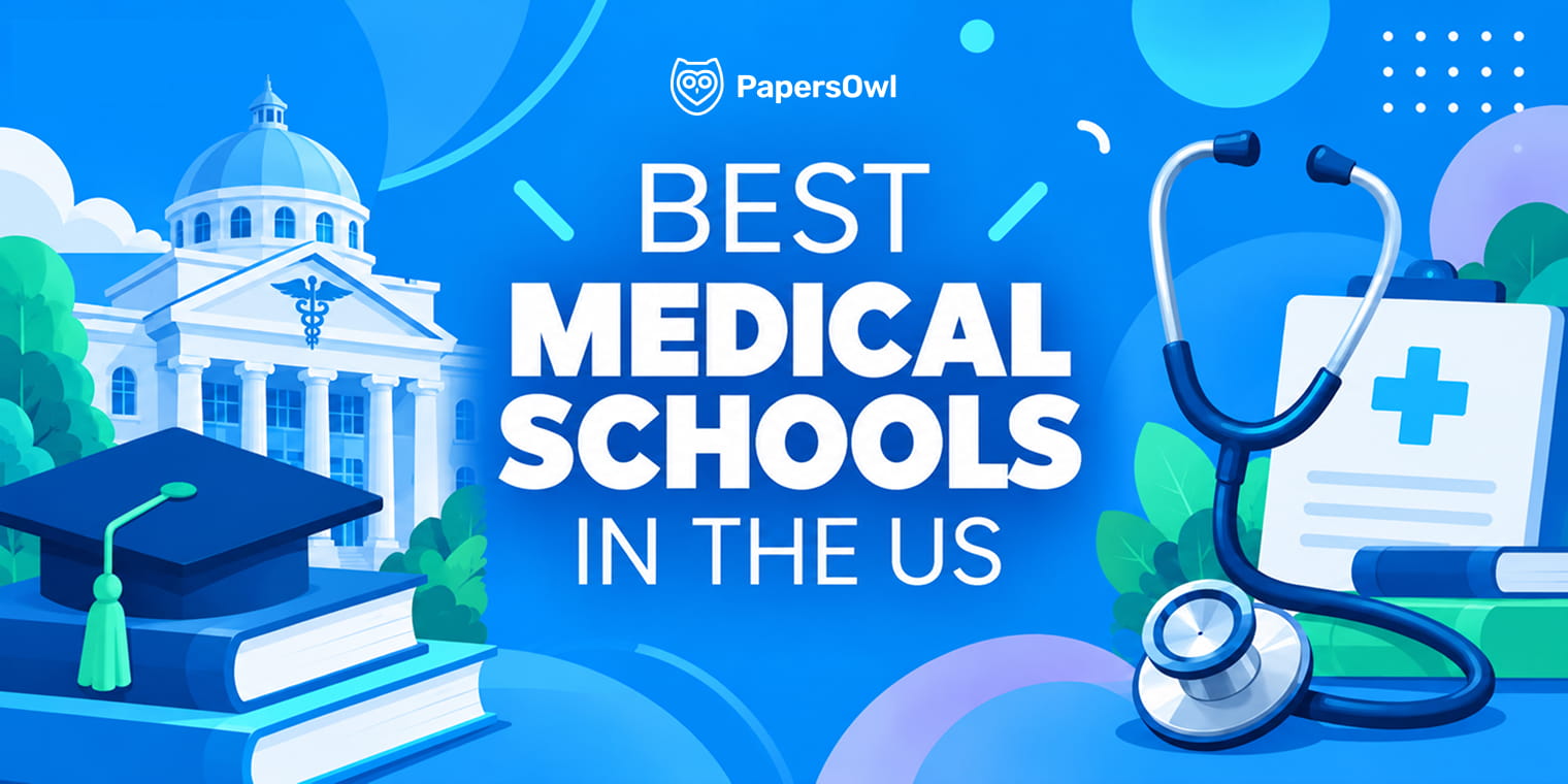 Best medical schools in the US featured image with medical university building, stethoscope, and graduation cap