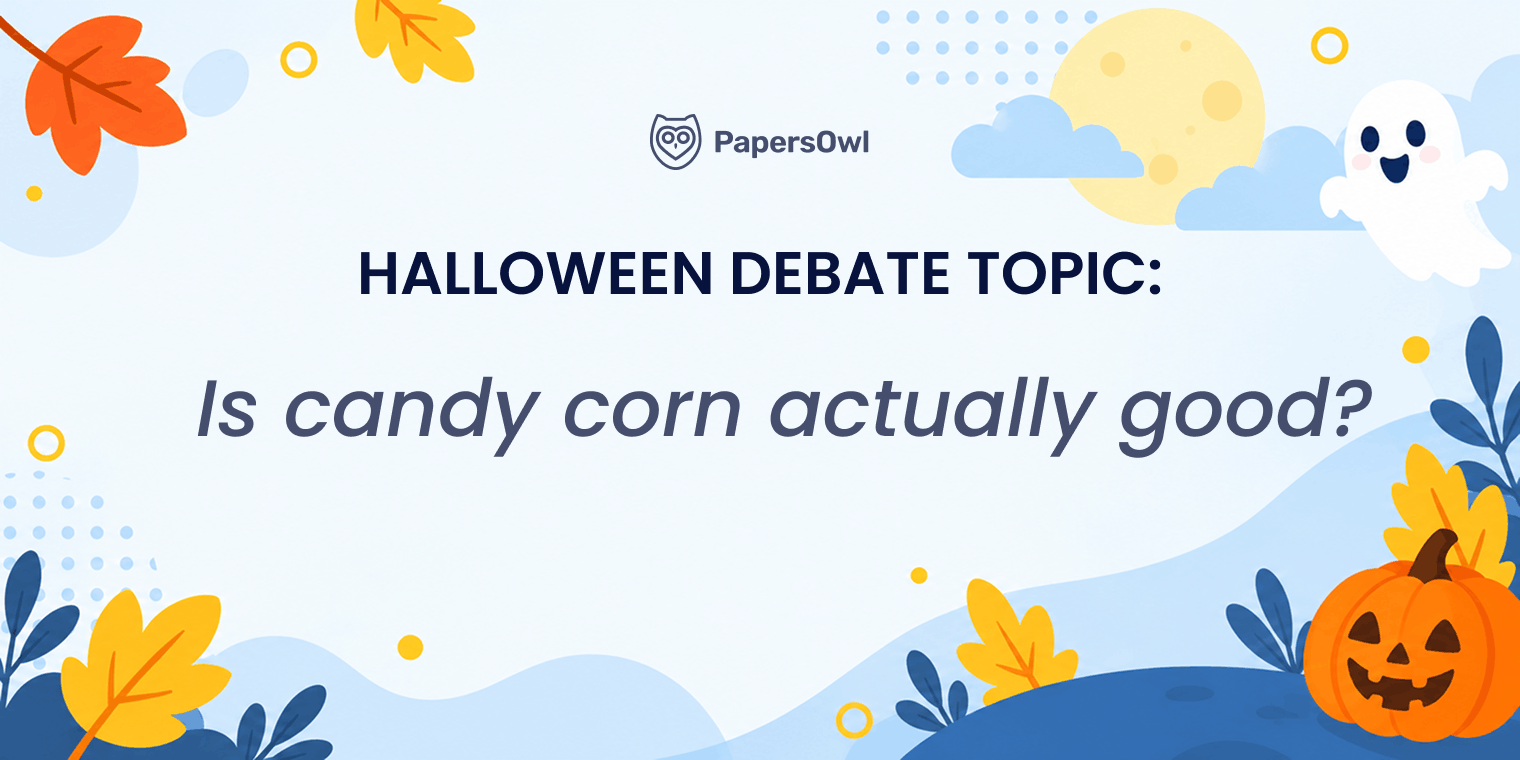 Halloween debate topic card asking if candy corn is actually good