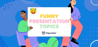 Creative and humorous presentation topics illustrated by students.