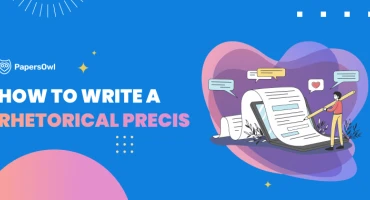 Illustration explaining how to write a rhetorical précis, with a student analyzing a text document