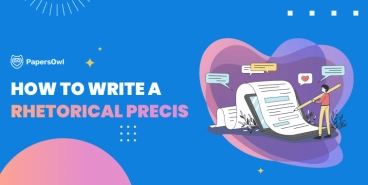 Illustration explaining how to write a rhetorical précis, with a student analyzing a text document